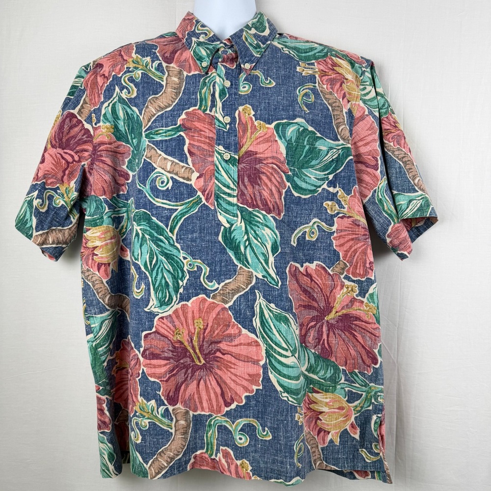 Reyn Spooner Men XXL Blue Hibiscus Floral Pullover Hawaiian Shirt Made in Hawaii